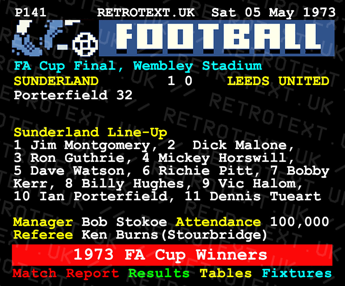 Retrotext Sunderland 1973 FA Cup final teletext style mug featuring the match score and winning team line-up