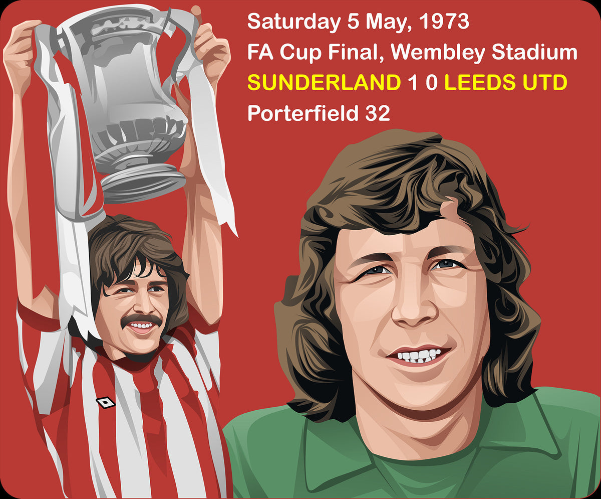 Retrotext 1973 FA Cup final mug featuring Bobby Kerr lifting the trophy and Jim Montgomery in a red and white design