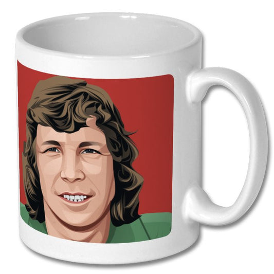 Retrotext 11oz white ceramic mug featuring a graphic illustration of Sunderland goalkeeper Jim Montgomery