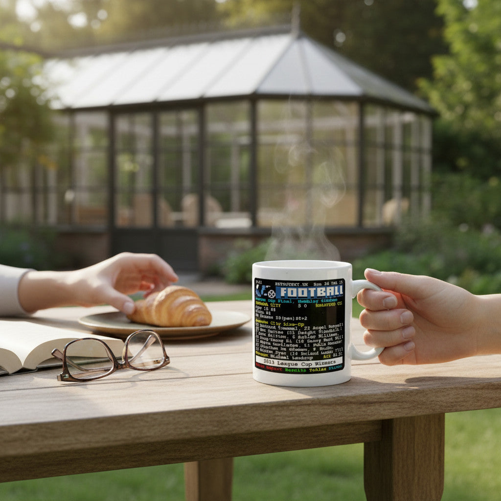 Retrotext Swansea City 2013 League Cup Winners ceramic mug with teletext graphic held on a sunny outdoor patio table.