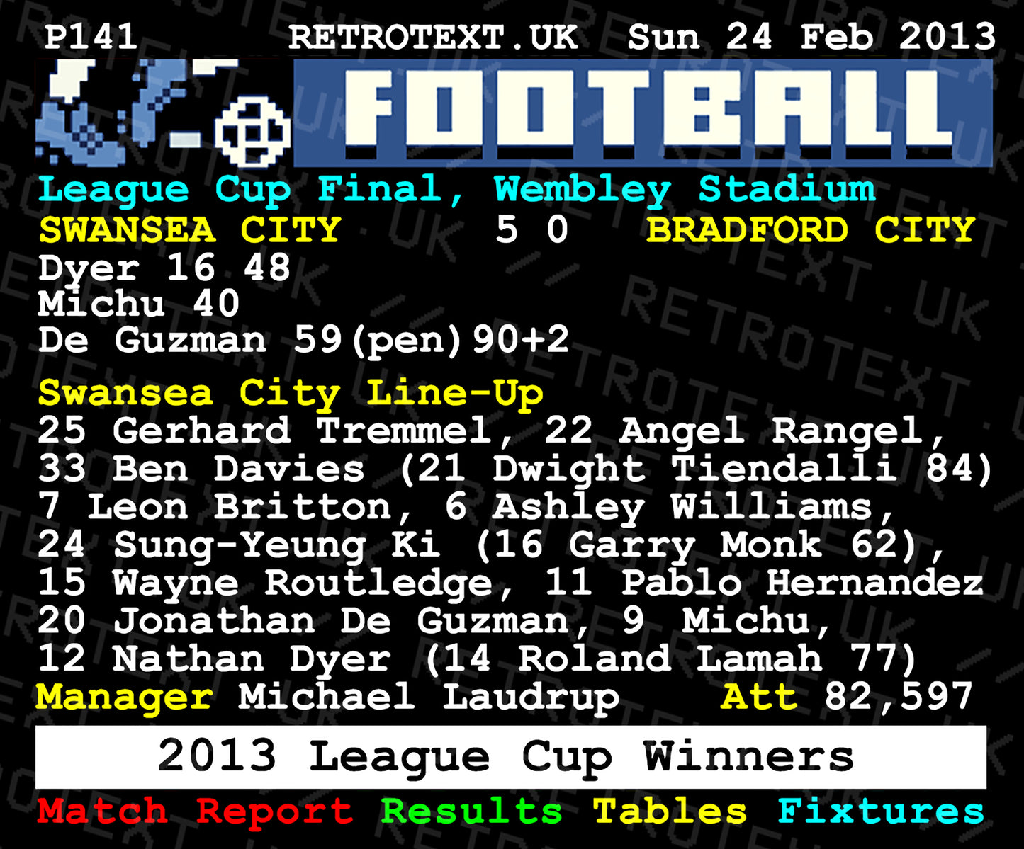 Retrotext Swansea City 2013 League Cup Winners ceramic mug featuring a retro teletext match report graphic
