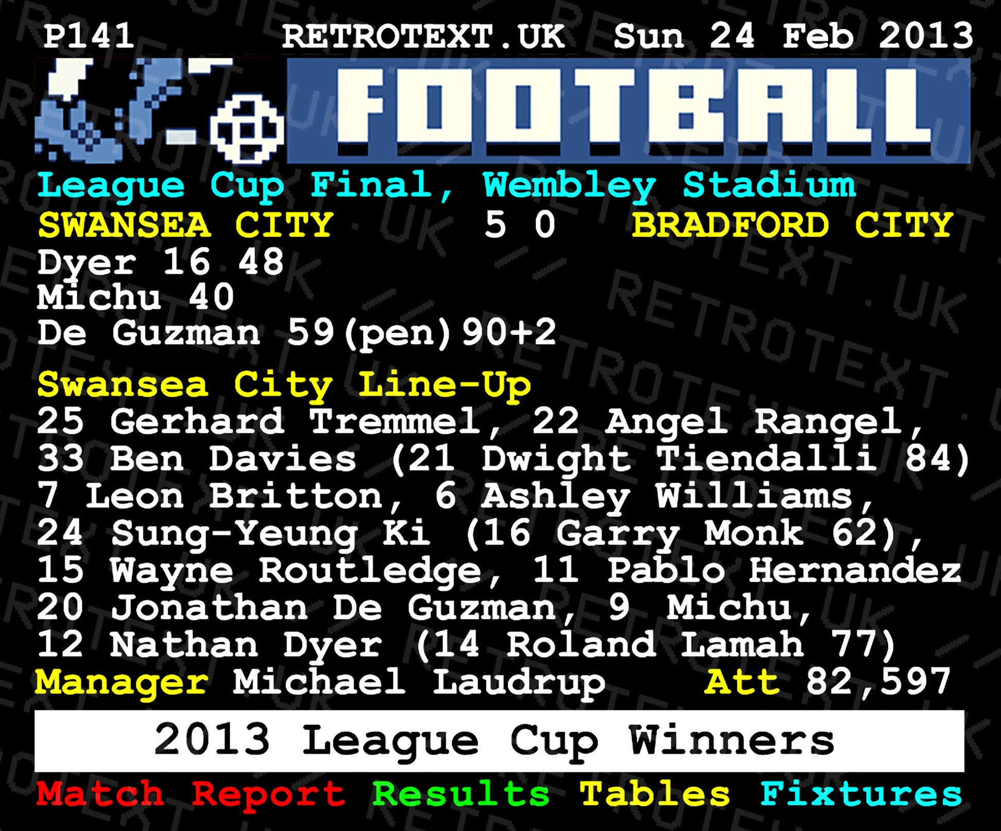 Retrotext Swansea City 2013 League Cup Winners ceramic mug featuring a retro teletext match report graphic