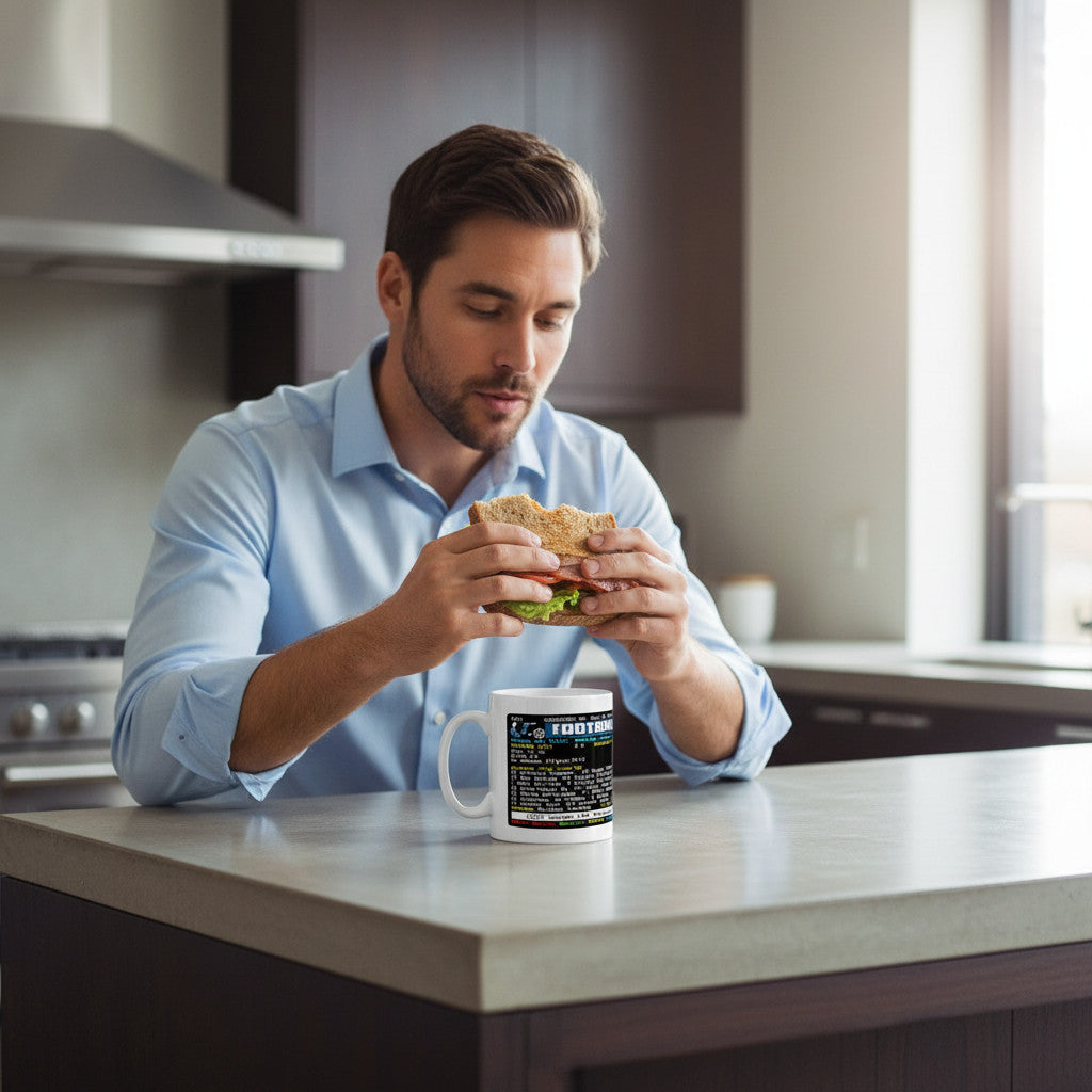 Retrotext Swansea City 2013 League Cup Winners ceramic mug with teletext graphic held by a man eating a sandwich