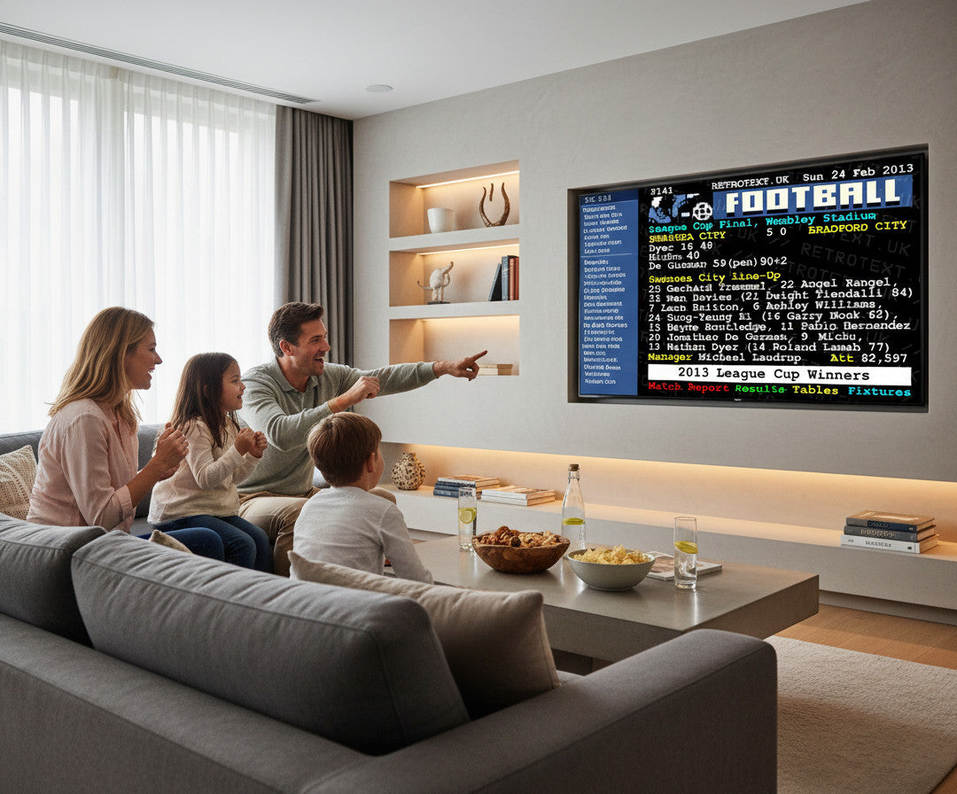 Retrotext Swansea City 2013 League Cup Winners teletext mug displayed as a digital screen in a family living room