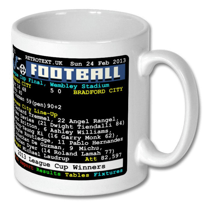 Retrotext Swansea City 2013 League Cup Winners ceramic mug featuring a retro teletext match report graphic.