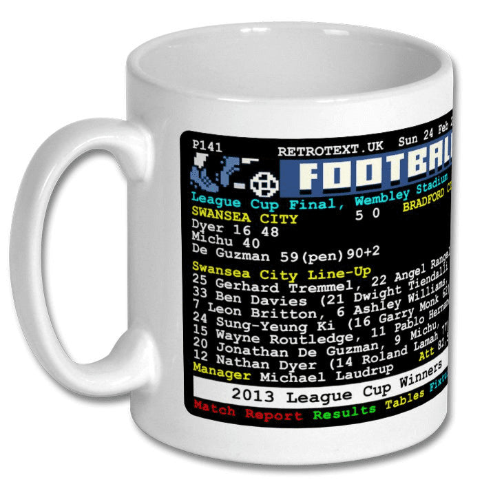 Retrotext Swansea City 2013 League Cup Winners ceramic mug featuring a retro teletext match report graphic