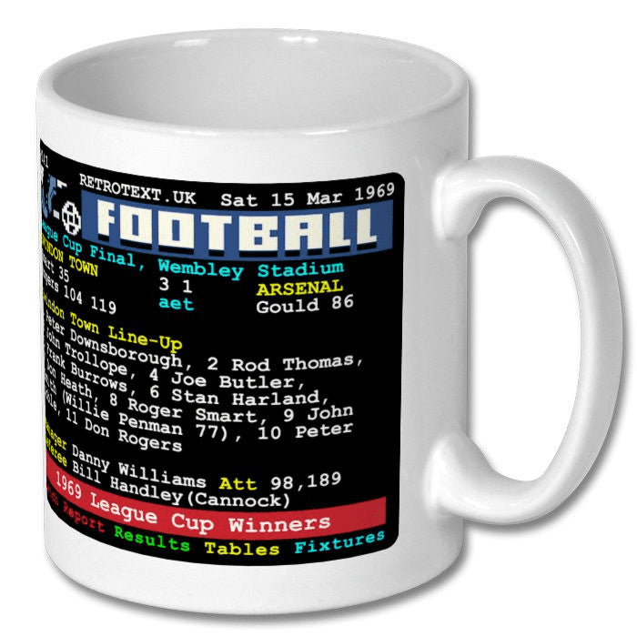 Retrotext white ceramic mug featuring a vintage 1969 Swindon Town League Cup final teletext match report design.
