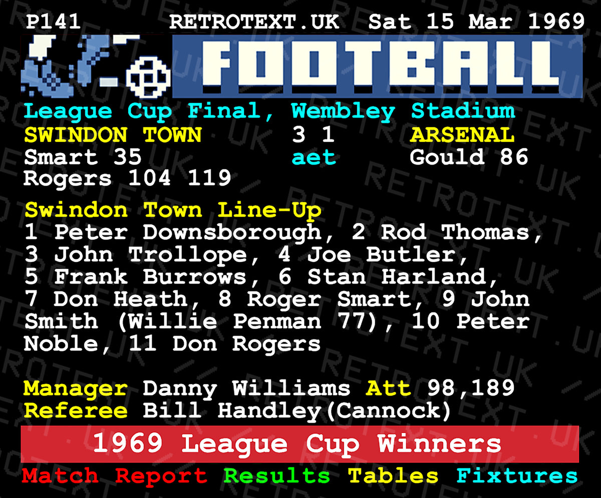 Retrotext Swindon Town 1969 League Cup Winners glossy white 11oz mug featuring a vintage teletext match report design.