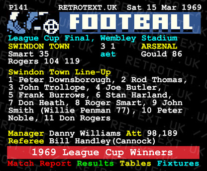 Retrotext Swindon Town 1969 League Cup Winners glossy white 11oz mug featuring a vintage teletext match report design.