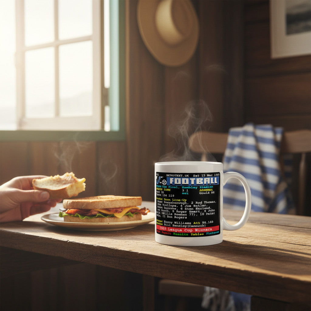 Retrotext 11oz glossy white mug featuring 1969 Swindon Town League Cup final teletext score on a wooden table