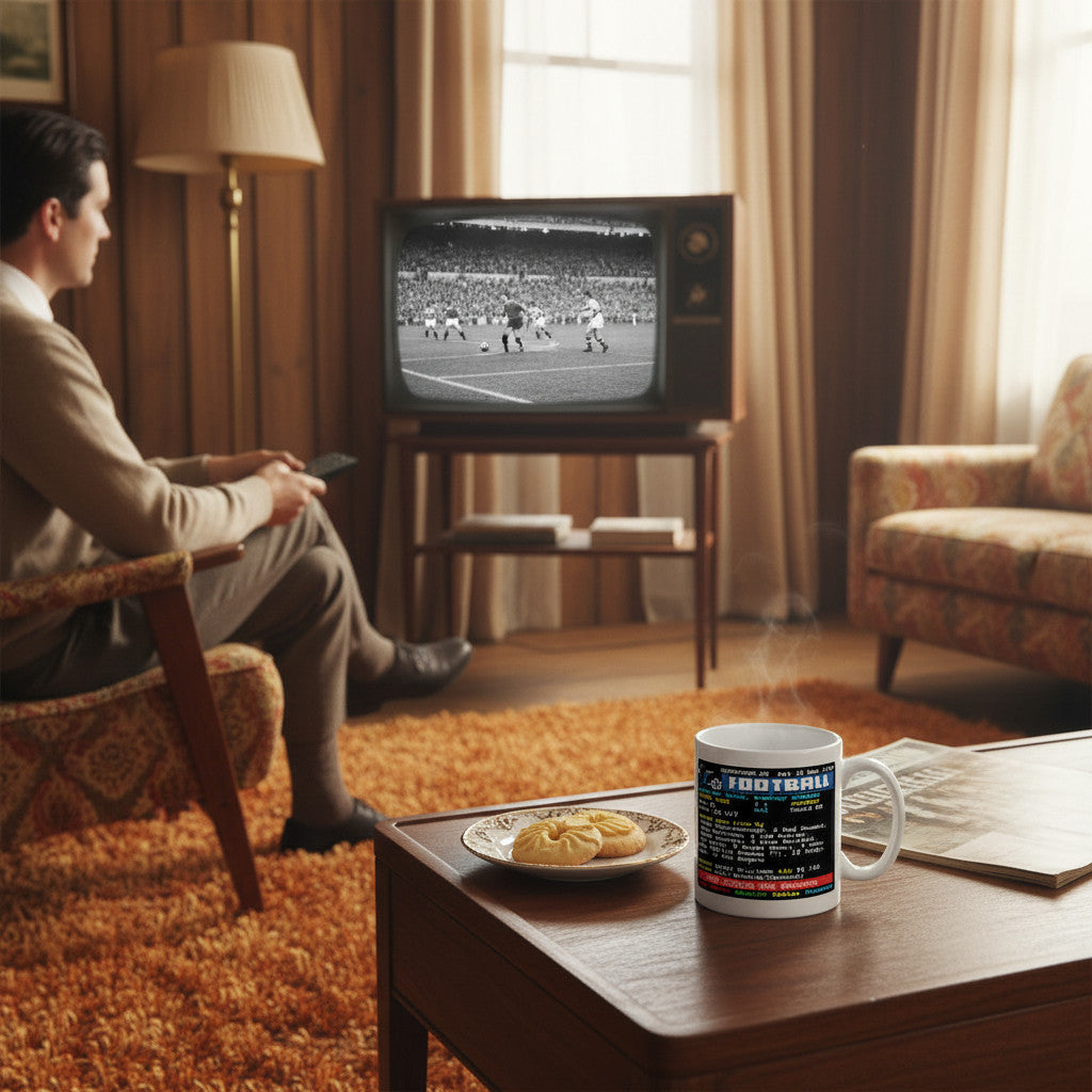 Retrotext Swindon Town 1969 League Cup Winners teletext design mug on a wooden coffee table in a vintage living room.