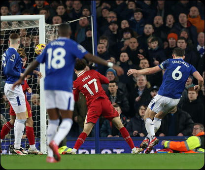 Retrotext book cover featuring James Tarkowski scoring a dramatic volley for Everton against Liverpool at Goodison Park