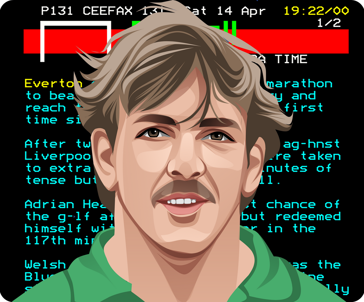 Retrotext The 80s Team book cover featuring a digital illustration of a footballer against a vintage Ceefax screen.