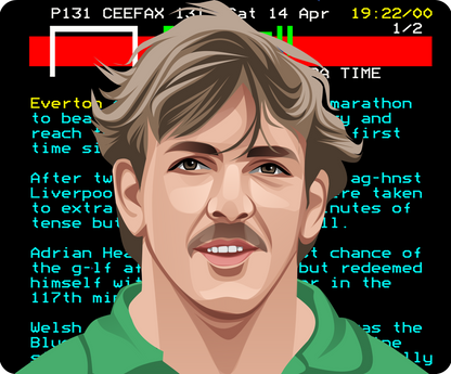 Retrotext The 80s Team book cover featuring a digital illustration of a footballer against a vintage Ceefax screen.