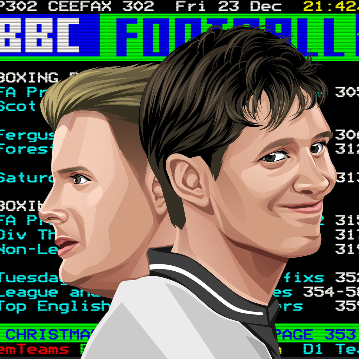 Retrotext book cover featuring illustrated portraits of two football players against a vintage BBC Ceefax background.