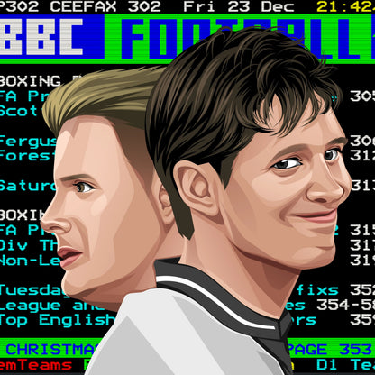 Retrotext book cover featuring illustrated portraits of two football players against a vintage BBC Ceefax background.