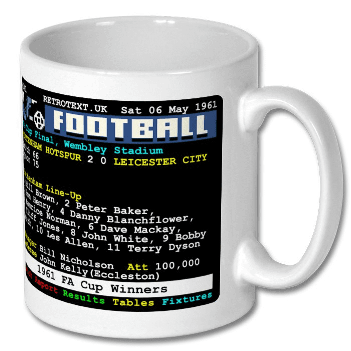 Retrotext Tottenham Hotspur 1961 Double Winners white ceramic mug featuring a vintage football teletext score graphic