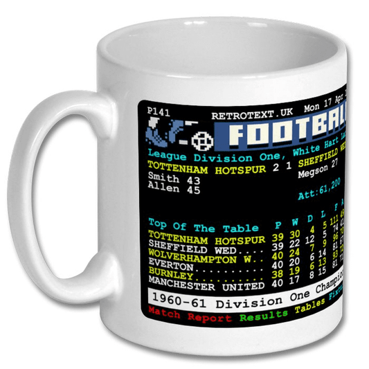 Retrotext Tottenham Hotspur 1961 Double Winners Teletext mug featuring a vintage football league table graphic