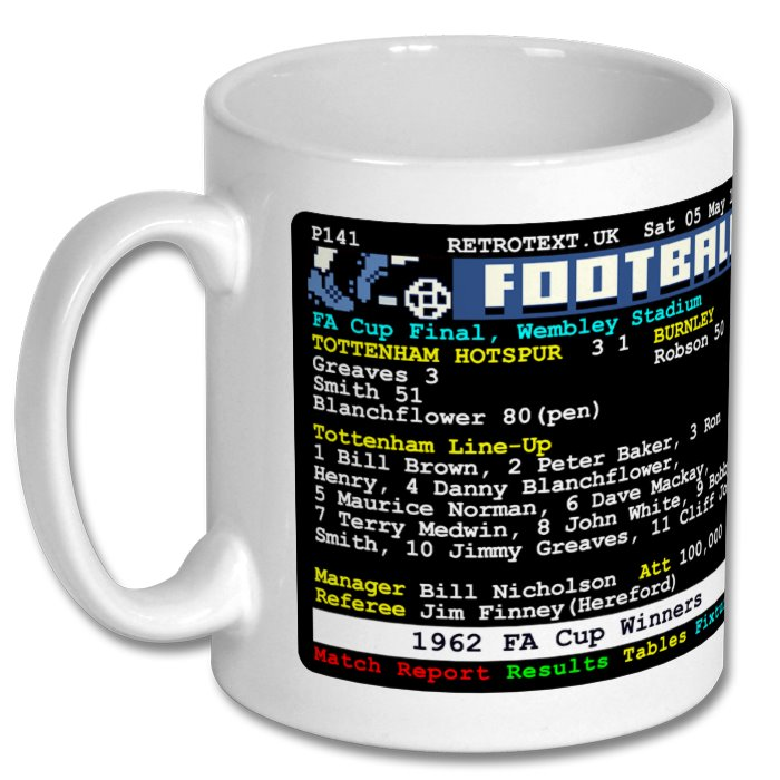 Retrotext Tottenham Hotspur 1962 FA Cup winners ceramic mug featuring a vintage teletext match report graphic