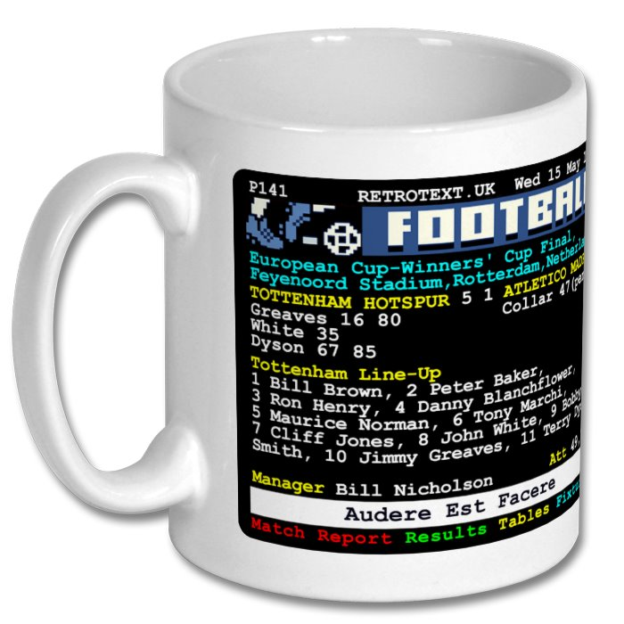 Retrotext Tottenham Hotspur 1963 European Cup-Winners' Cup ceramic mug with vintage teletext match score graphic