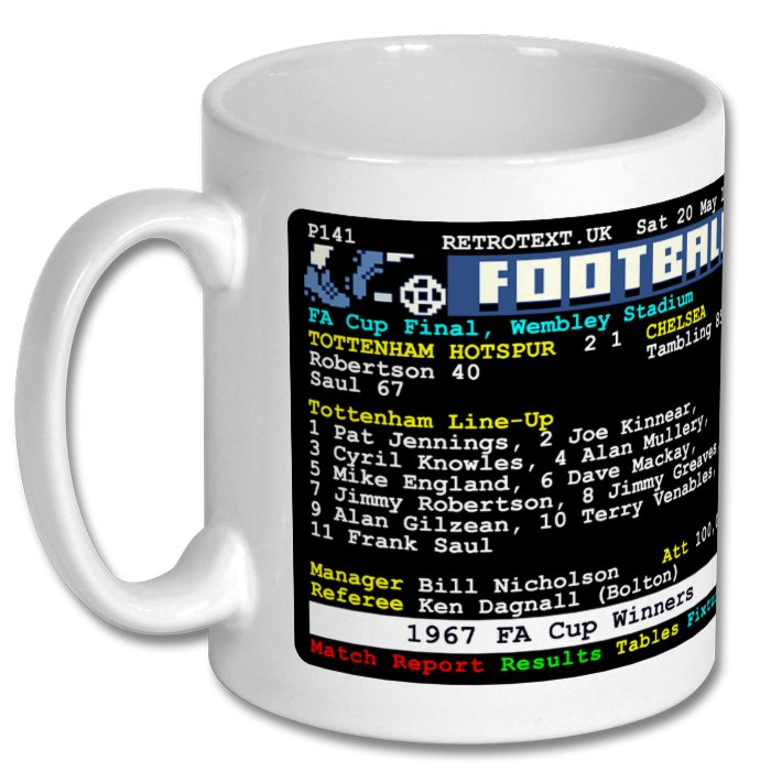 Retrotext Tottenham Hotspur 1967 FA Cup winners ceramic mug featuring a vintage teletext match report graphic