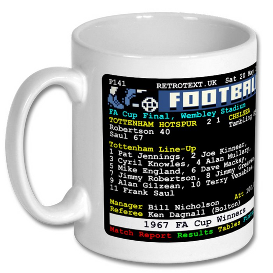 Retrotext Tottenham Hotspur 1967 FA Cup Winners ceramic mug featuring a retro teletext match report graphic