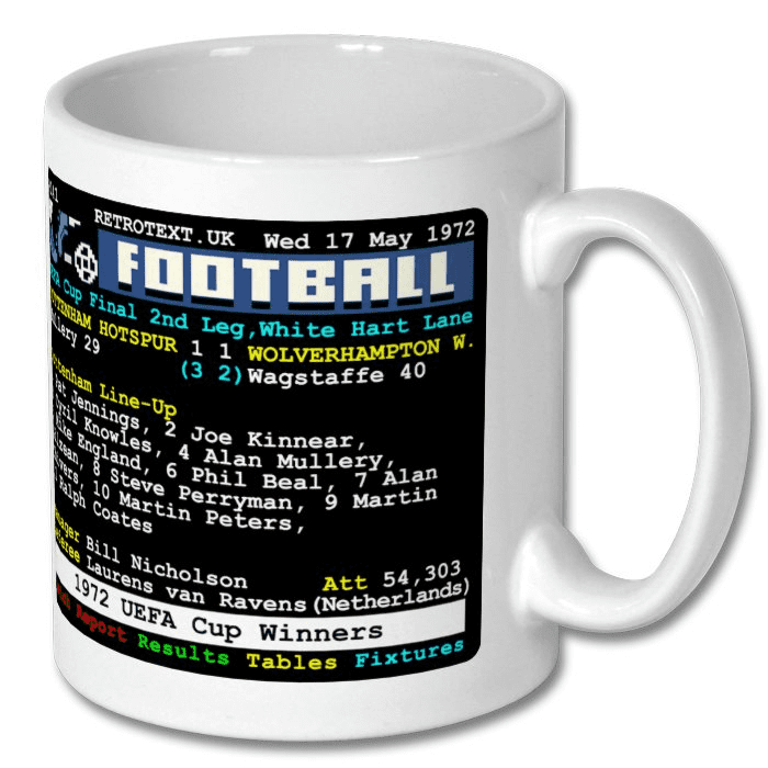Retrotext Tottenham Hotspur 1972 UEFA Cup Winners ceramic mug with vintage teletext match statistics and line-up design