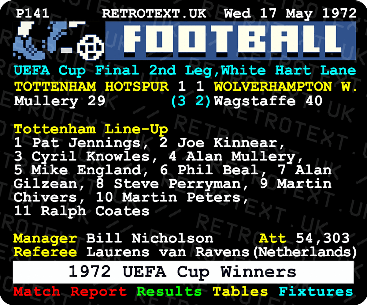 Retrotext Tottenham Hotspur 1972 UEFA Cup Winners ceramic mug with vintage teletext match report graphic