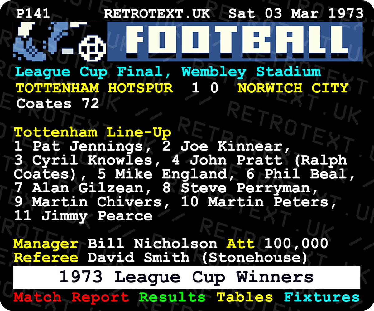 Retrotext Tottenham Hotspur 1973 League Cup winners mug featuring a vintage teletext match report design.