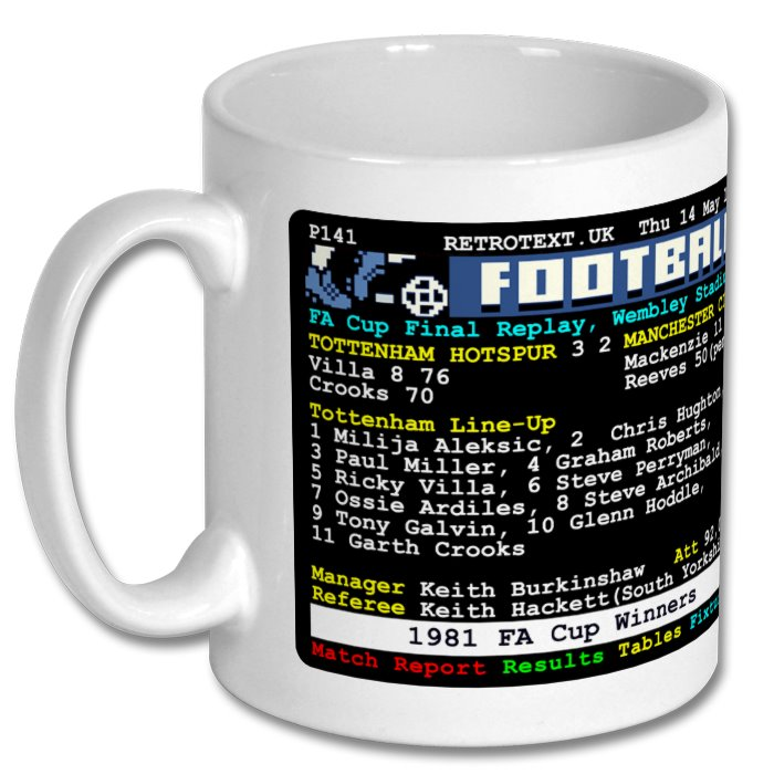 Retrotext white ceramic mug featuring a 1981 Tottenham Hotspur FA Cup final teletext match report design.