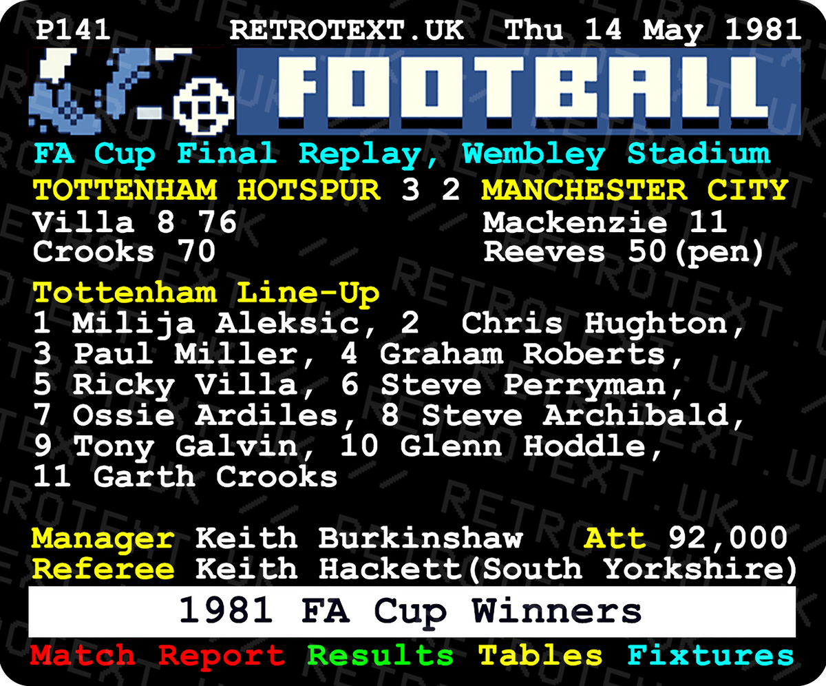Retrotext Tottenham Hotspur 1981 FA Cup final teletext design on a glossy white 11oz ceramic mug