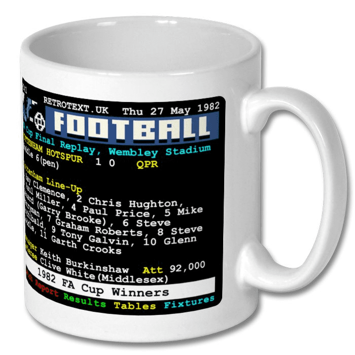 Retrotext Tottenham Hotspur 1982 FA Cup Winners Glenn Hoddle teletext design white ceramic 11oz coffee mug