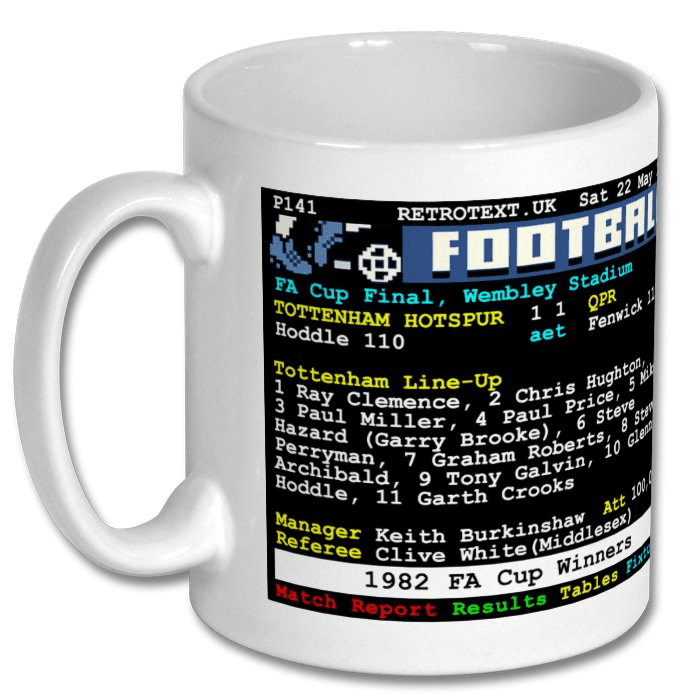 Retrotext Tottenham Hotspur 1982 FA Cup Winners white ceramic mug featuring a vintage teletext football match report