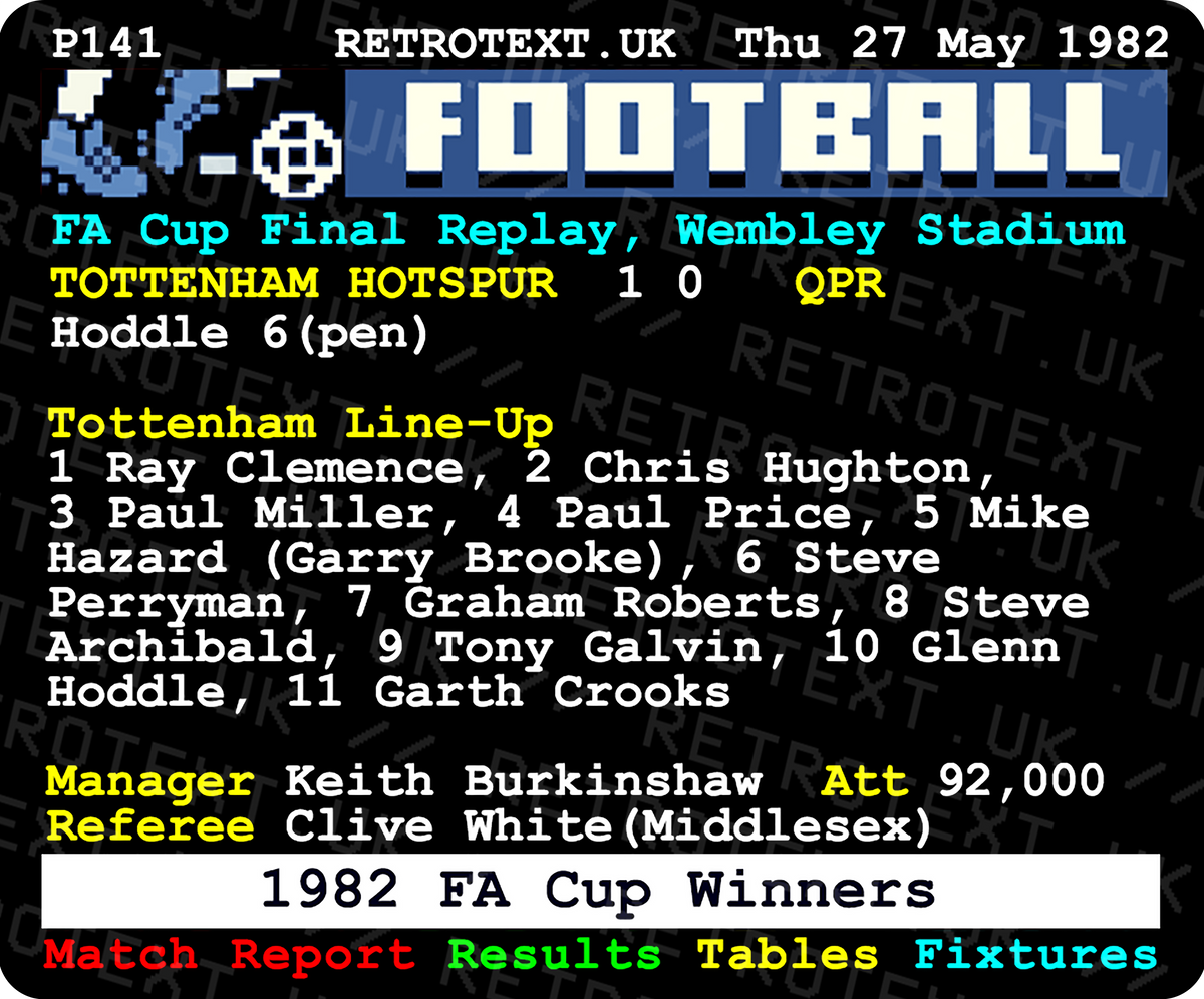 Retrotext Tottenham Hotspur 1982 FA Cup Winners mug featuring a vintage teletext match report design on white ceramic.