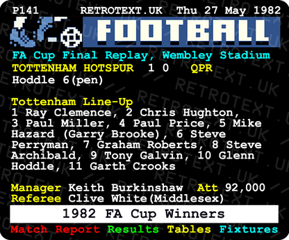 Retrotext Tottenham Hotspur 1982 FA Cup Winners mug featuring a vintage teletext match report design on white ceramic.