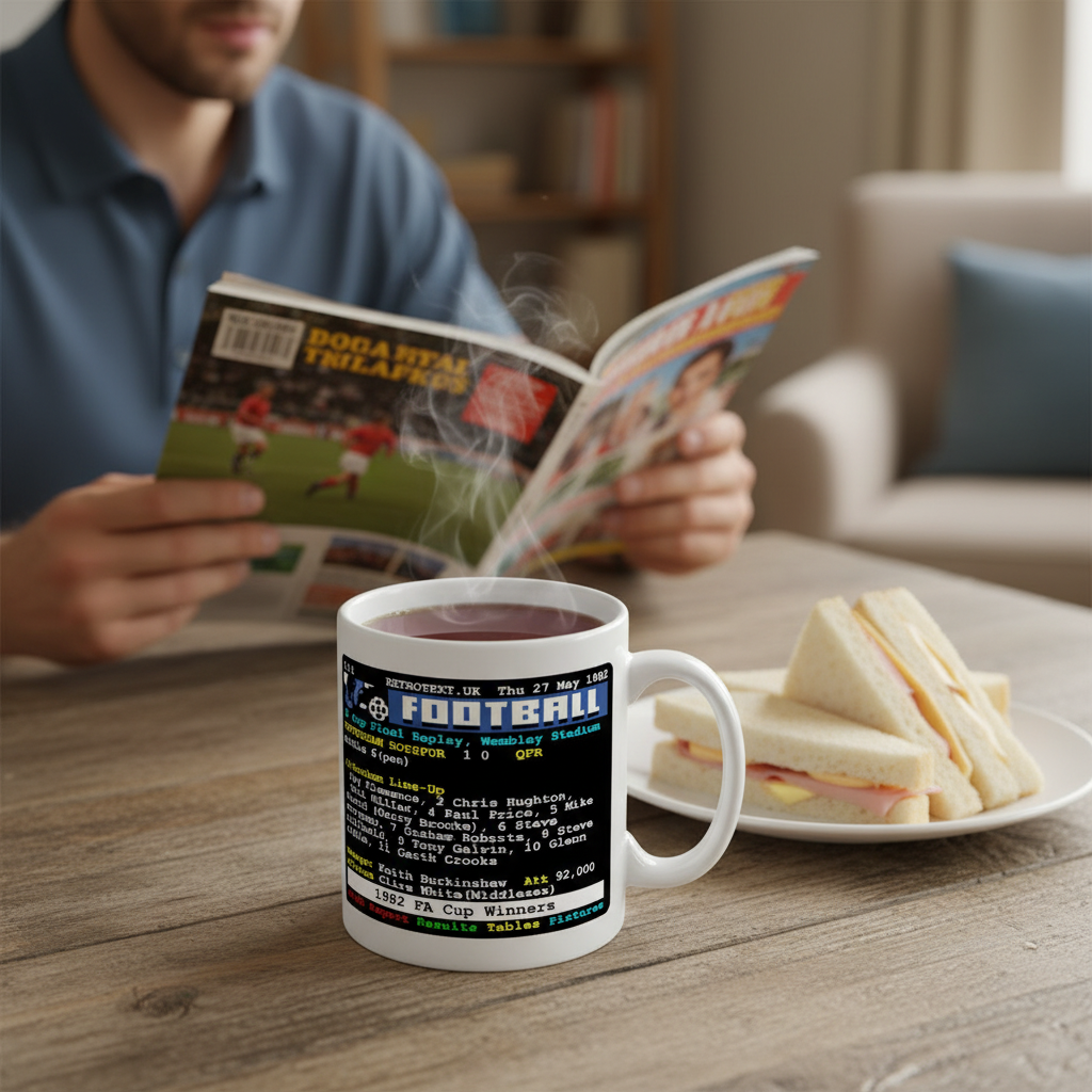 Retrotext Tottenham Hotspur 1982 FA Cup Winners mug featuring a vintage teletext design on a glossy white ceramic cup.