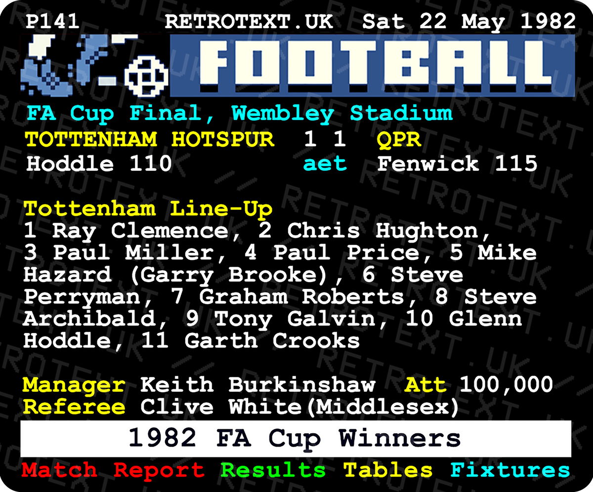 Retrotext Tottenham Hotspur 1982 FA Cup Winners glossy white 11oz mug featuring a vintage teletext match report design