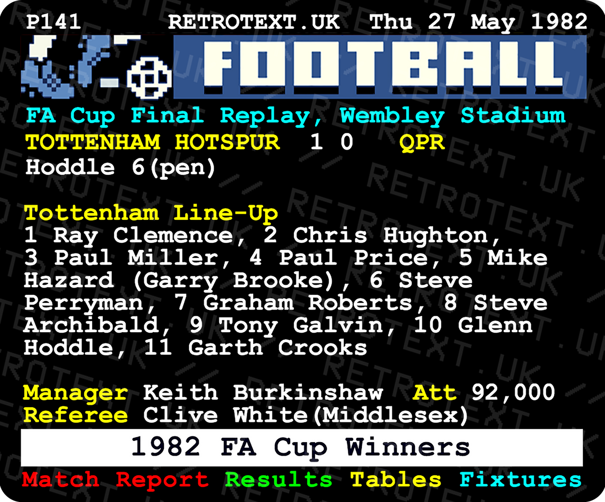 Retrotext Tottenham Hotspur 1982 FA Cup final teletext design on a glossy white 11oz ceramic mug