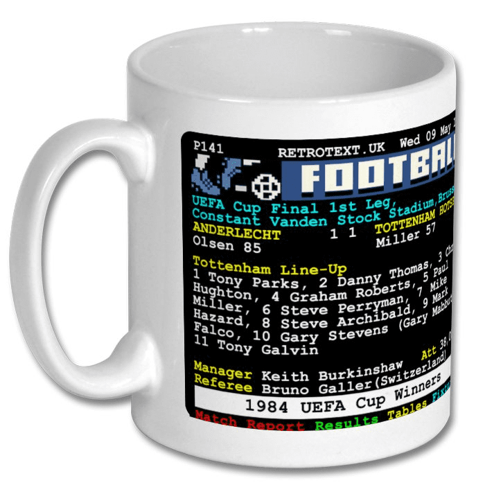Retrotext Tottenham Hotspur 1984 UEFA Cup Winners teletext design on a glossy white 11oz ceramic coffee mug.