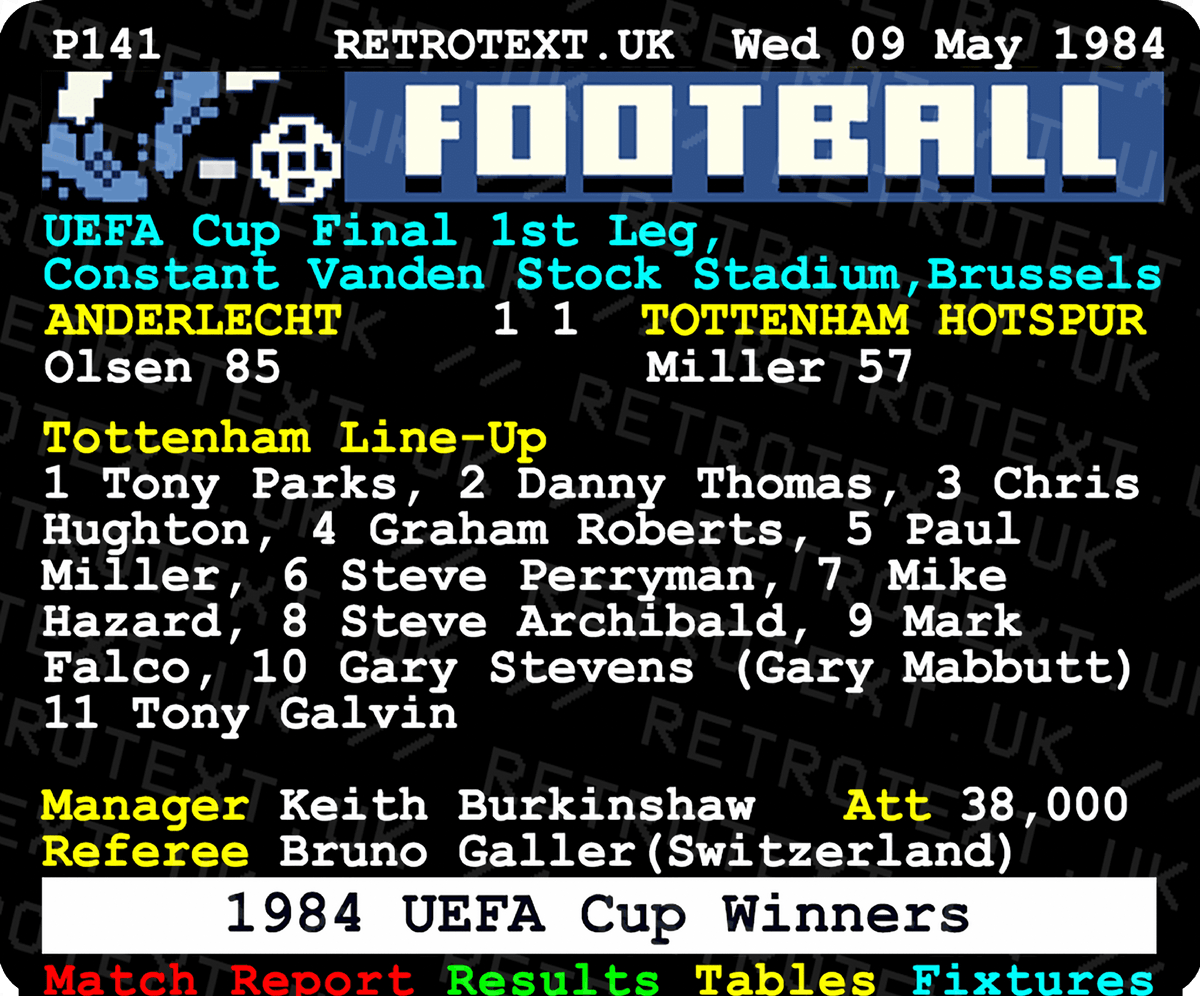 Retrotext Tottenham Hotspur 1984 UEFA Cup Winners mug featuring a vintage teletext football match report design.