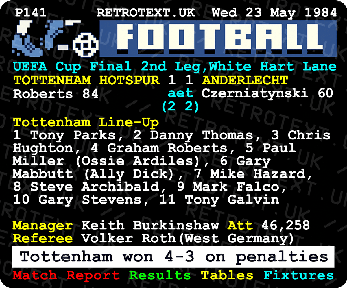 Retrotext Tottenham Hotspur 1984 UEFA Cup final teletext design on a glossy white 11oz ceramic mug