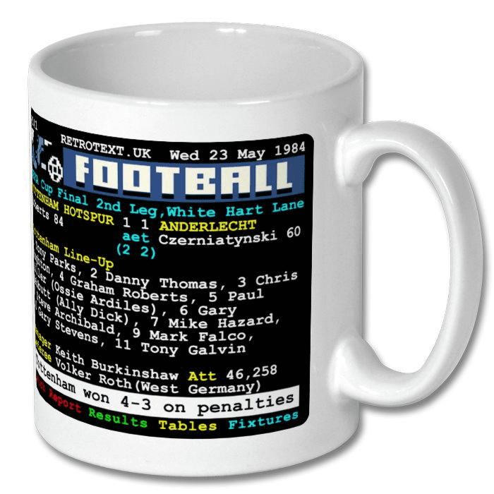 Retrotext Tottenham Hotspur 1984 UEFA Cup final teletext design on a glossy white 11oz ceramic mug