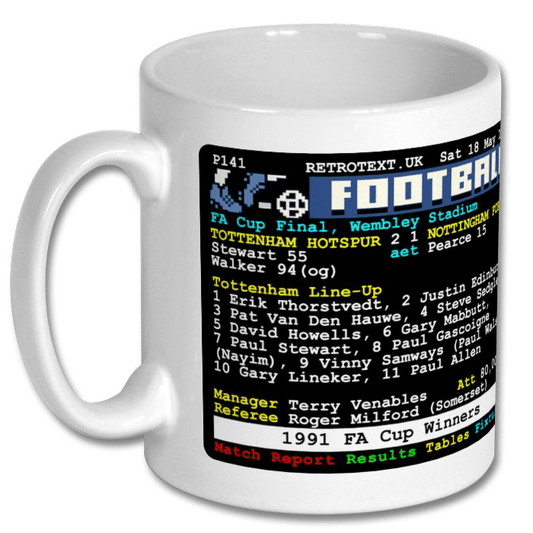Retrotext Tottenham Hotspur 1991 FA Cup Winners 11oz glossy white ceramic mug with vintage teletext match report design