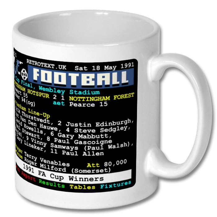 Retrotext Tottenham Hotspur 1991 FA Cup winners glossy white ceramic mug featuring vintage teletext match details.