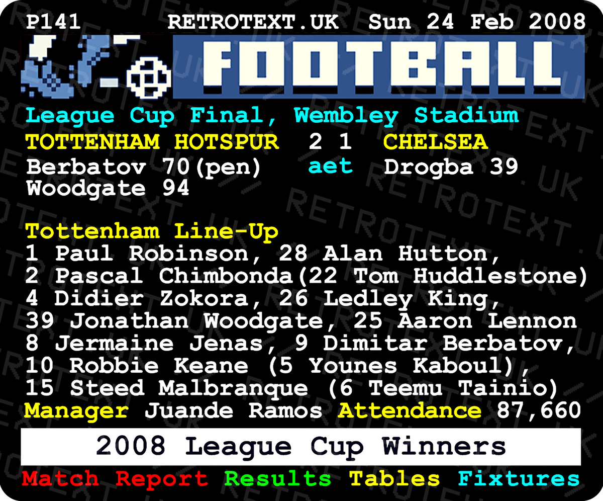Retrotext Tottenham Hotspur 2008 League Cup Winners teletext design on a glossy white 11oz ceramic mug