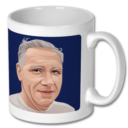Retrotext Tottenham Hotspur 1973 League Cup Bill Nicholson illustration on a glossy white 11oz ceramic mug