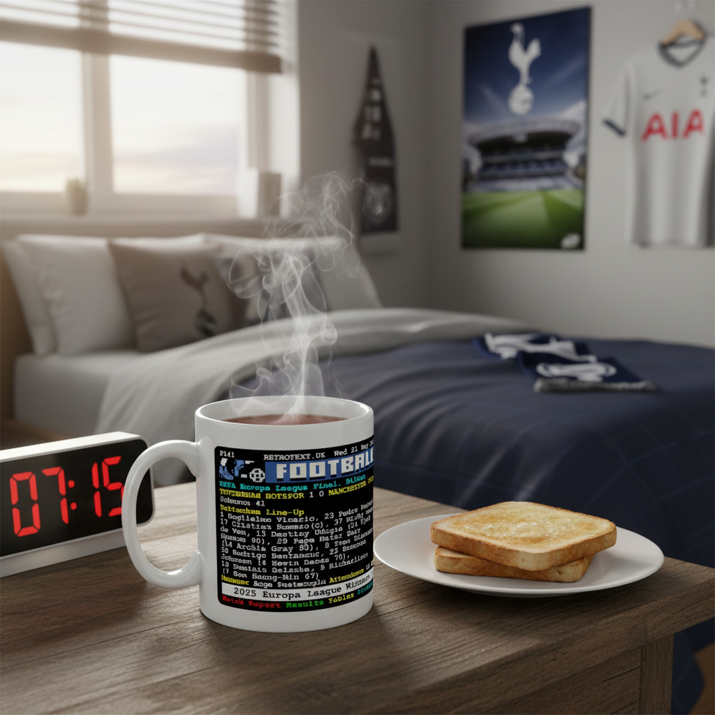Retrotext Tottenham Hotspur 2025 Europa League winners mug with Ange Postecoglu details on a desk with toast