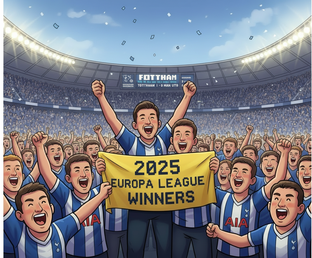 Retrotext Tottenham Hotspur 2025 Europa League winners mug featuring a celebratory stadium illustration