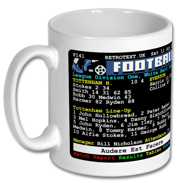 Retrotext white ceramic 11oz mug featuring a vintage teletext graphic of the Tottenham Hotspur 10-4 Everton match.
