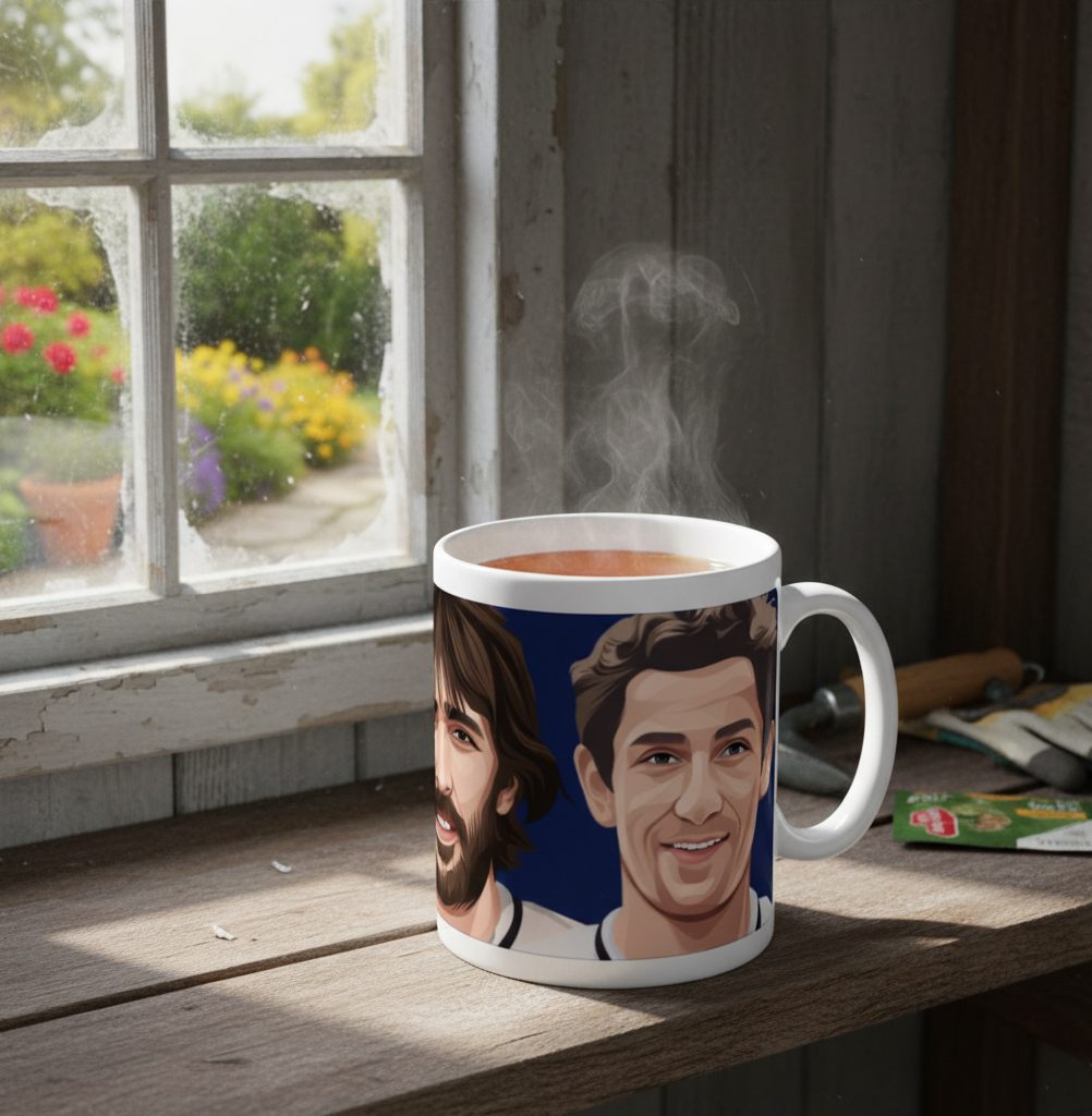 Retrotext Tottenham Hotspur mug featuring illustrations of Glenn Hoddle and Ricky Villa on a glossy white 11oz ceramic
